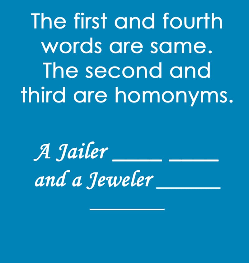 IQ Story: The first and fourth words are same. The second and third are homonyms.  A Jailer ____ ____ and a Jeweler ______ _______