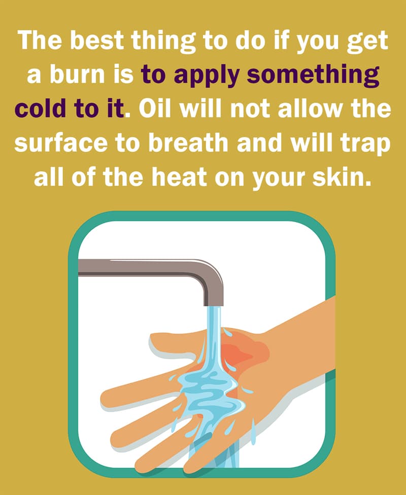 Science Story: The best thing to do if you get a burn is to apply something cold to it. Oil will not allow the surface to breath and will trap all of the heat on the skin.