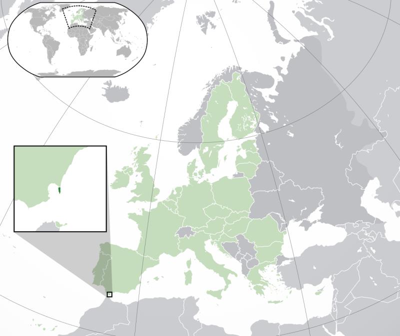 Location of Gibraltar (dark green)– in Europe (green & dark grey)– in the European Union (green)