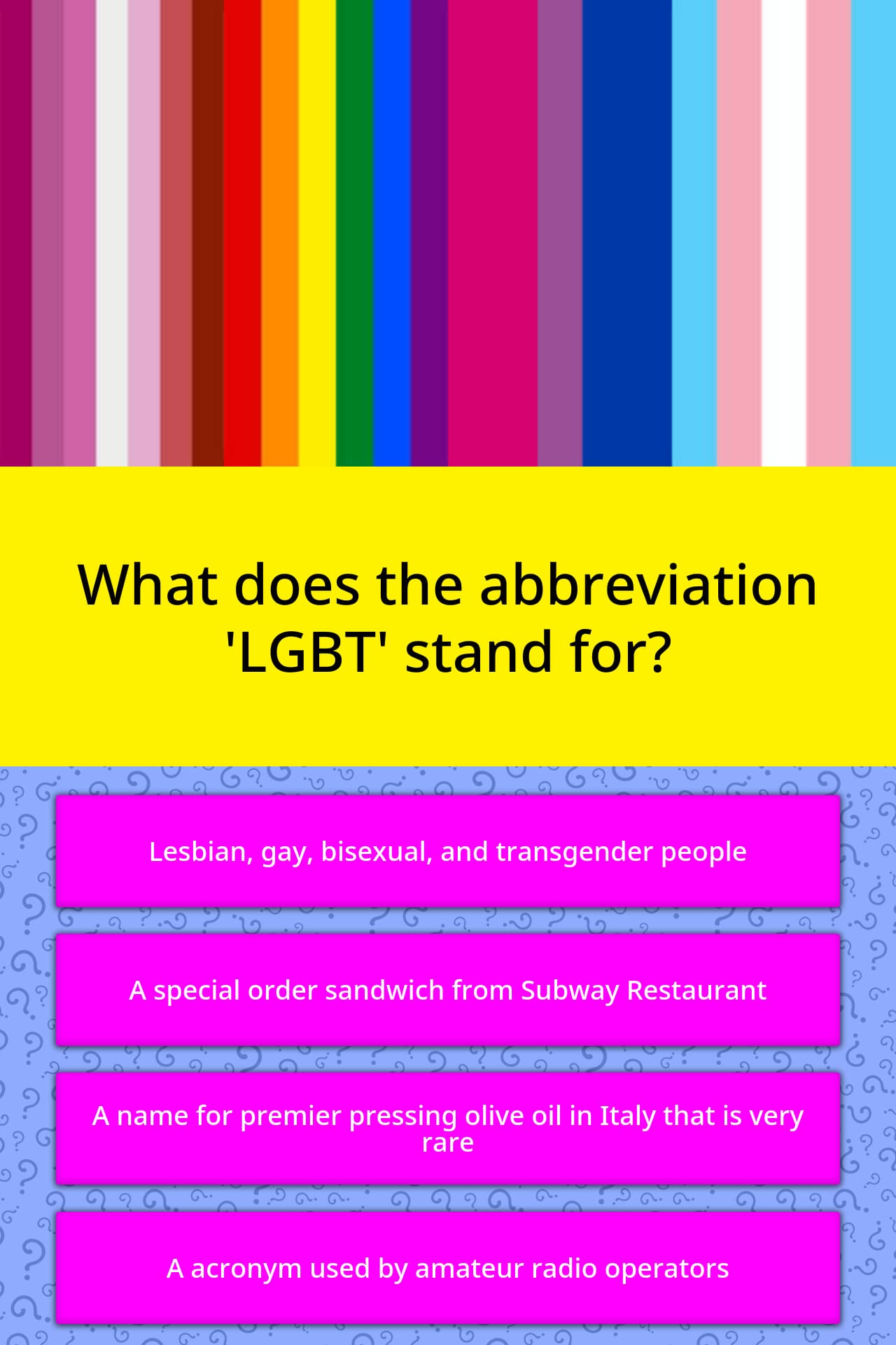 What Does The Abbreviation LGBT Trivia Questions QuizzClub