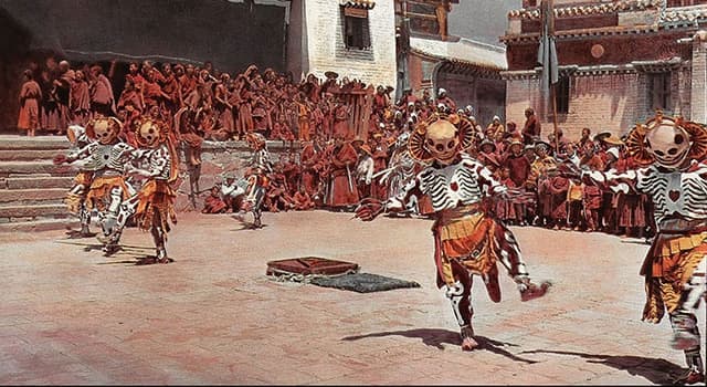 Culture Trivia Question: Where would you observe the sacred skeleton dance as depicted in this picture?
