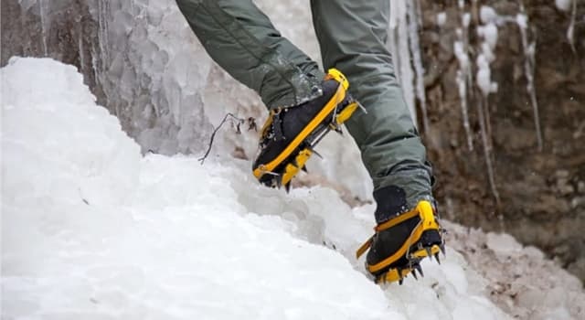 Society Trivia Question: Which of these is a traction device that is attached to footwear to improve mobility on snow?