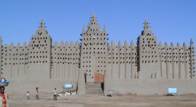 Geography Trivia Question: Which material was used to build the Great Mosque of Djenné in Mali?