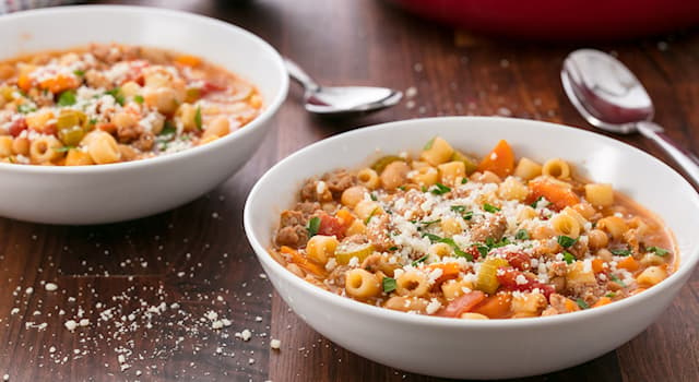 Culture Trivia Question: The Italian dish 'Pasta e fagioli' typically contains which of these ingredients?
