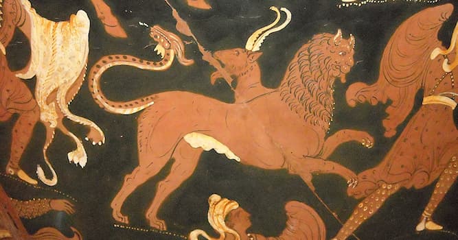Культура Вопрос: Как в греческой мифологии называется огнедышащее чудовище с головой льва, телом козы и хвостом в виде змеи?